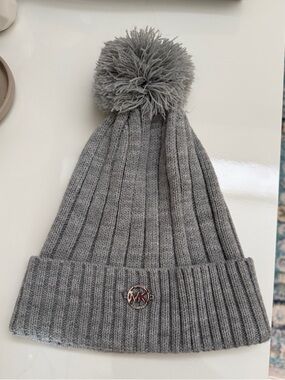 Michael Kors Light Gray Ribbed Pom Pom Beanie